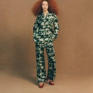 Jonathan Cohen Green and White Wide Leg Silk Trouser with Pockets Size Small